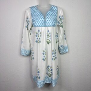 SZ Blockprints Jaipur Dress Womens S White Floral Coastal Boho Cottage Vacation